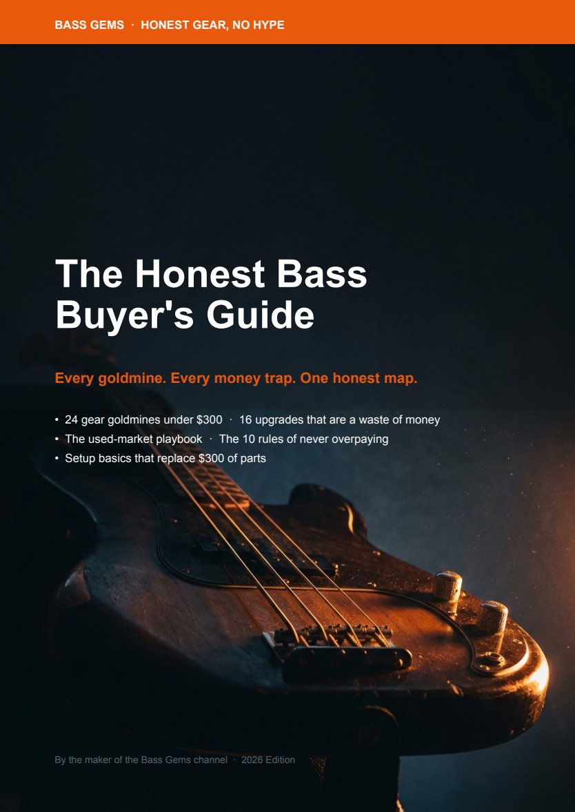 Cover of The Honest Bass Buyer's Guide: dark cover with orange Bass Gems banner