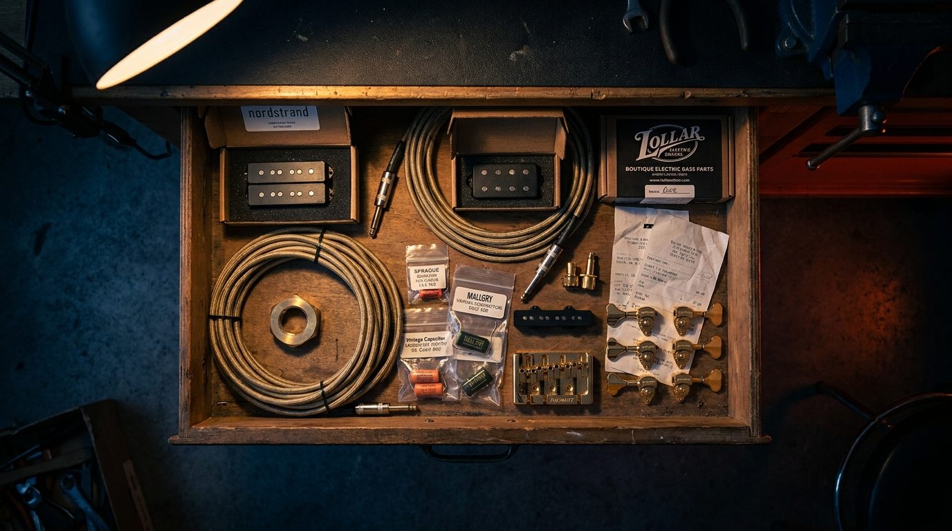 Open workshop drawer full of expensive bass parts: boutique pickups, coiled cables, gold hardware and old receipts